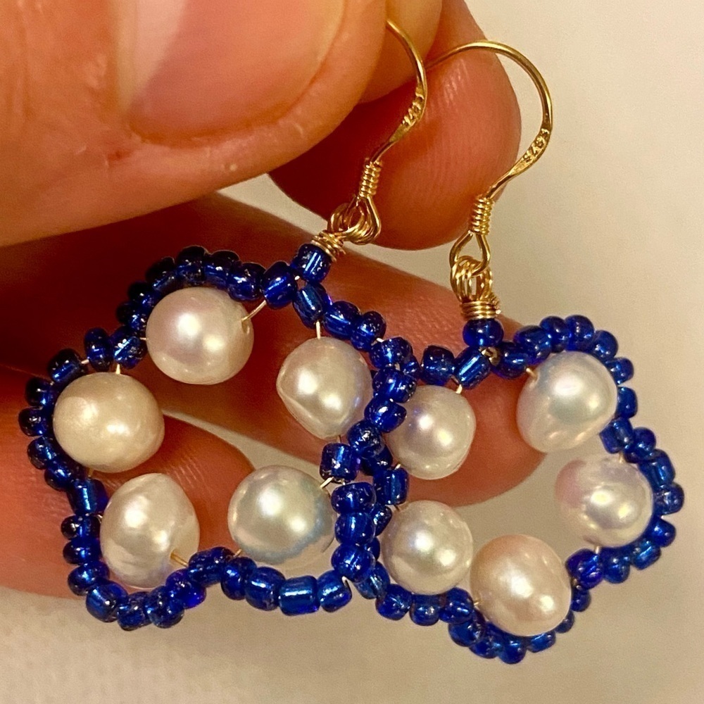 Elegant Blue and White Beaded Earrings. Handmade. White pearls